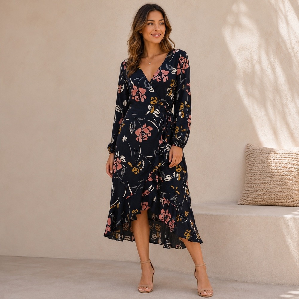 Saltwater LUXE Womens Tia Wrap Midi‎ Dress Small Long Sleeve Black Floral Design